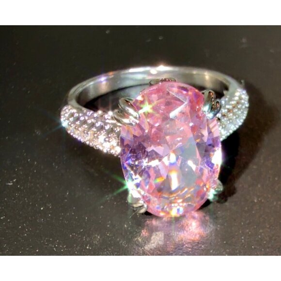 Stunning Sterling Silver Ring With Large Pink Oval Cubic Zirconia & Pave Band - Picture 3 of 8